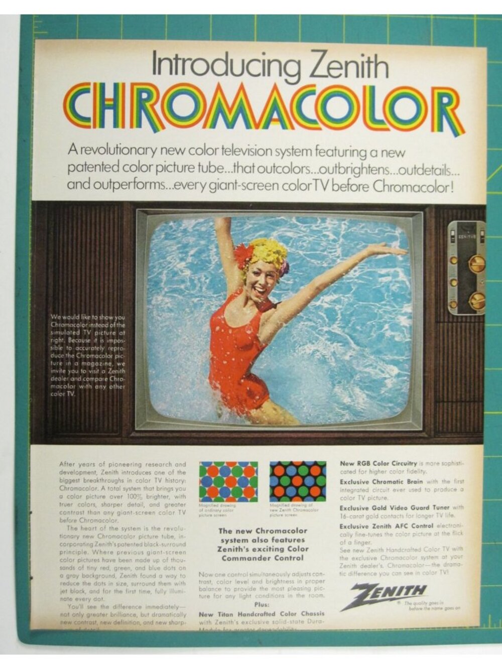 Print Ad Zenith Chromacolor Revolutionary Color TV Vintage 1960s Woman Pool MOD